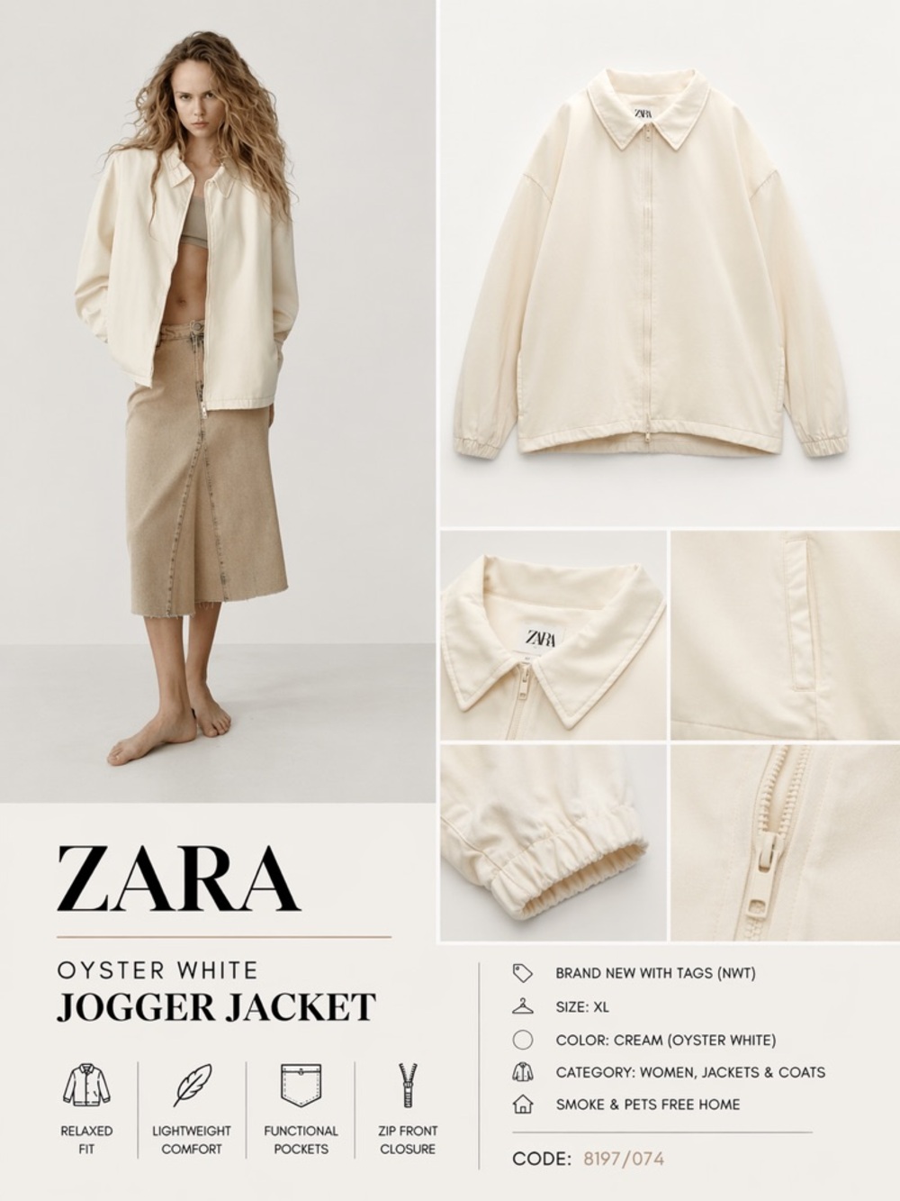 ZARA Oyster White Zip Front Jogger Jacket NWT XL Cream Relaxed Collar Jacket